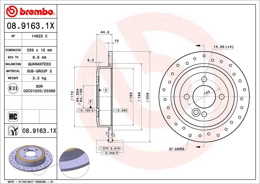 Mini Brembo Disc Brake Rotor - Rear (259mm) 34211503070